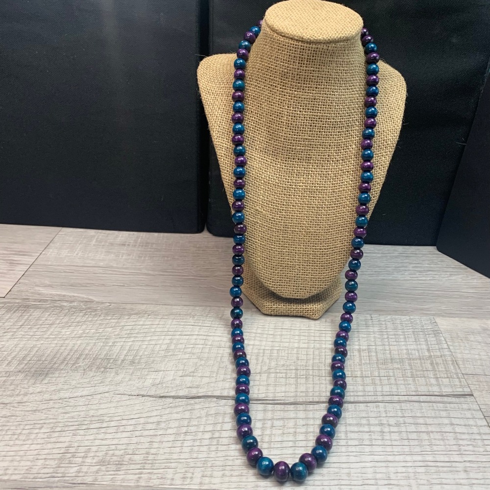 Long Purple Teal Blue Wood Bead Strand Necklace 34" Boho Layering Jewelry 5583